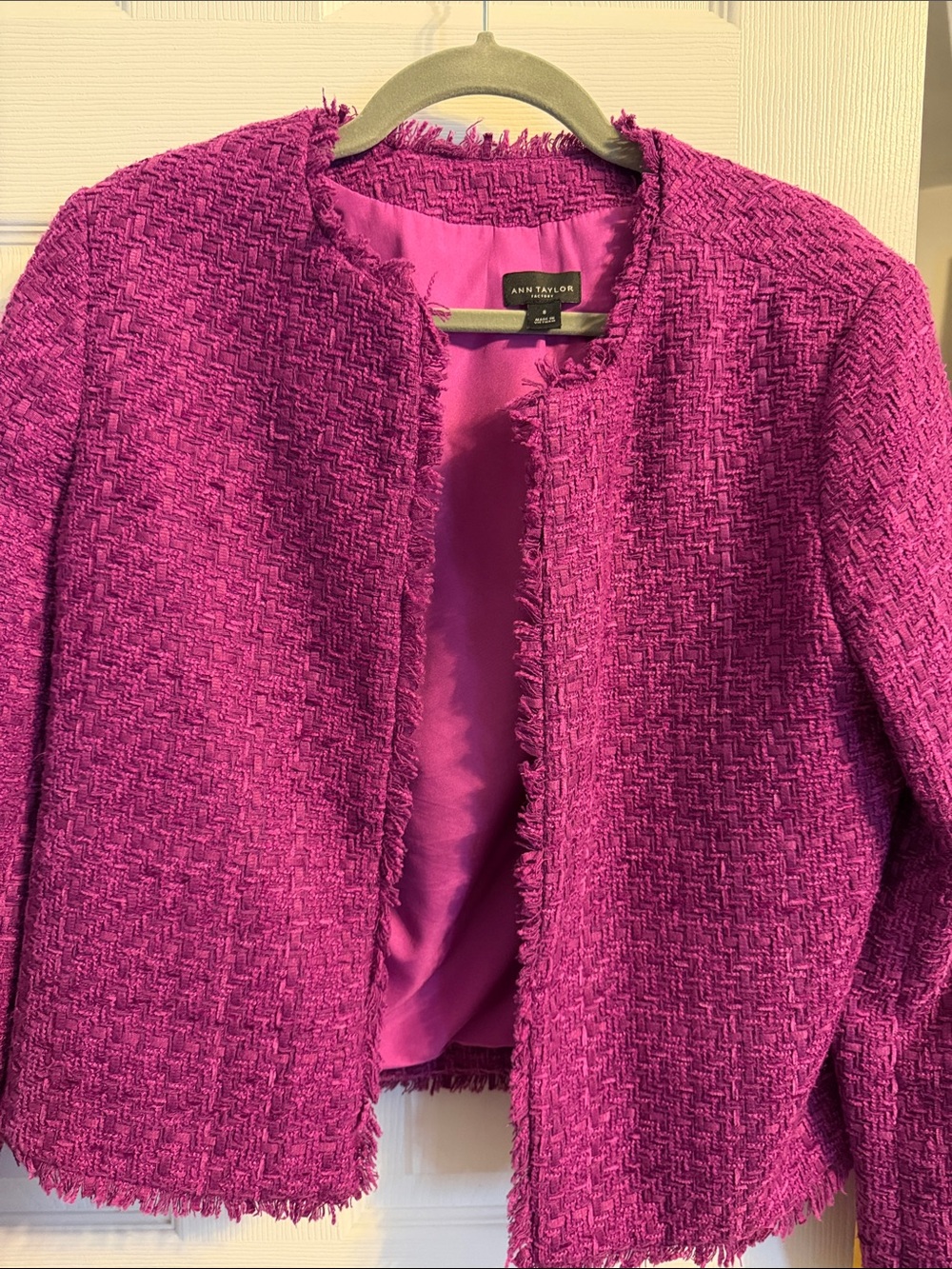 Ann Taylor Magenta Textured Tweed Open-Front Jacket